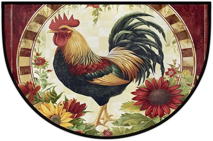 Half Round Door Mat Rooster Chicken Flower Semi Circle Area Rug Half Moon Hearth Rugs Runner Mat for Bathroom Kitchen Patio Laundry Room
