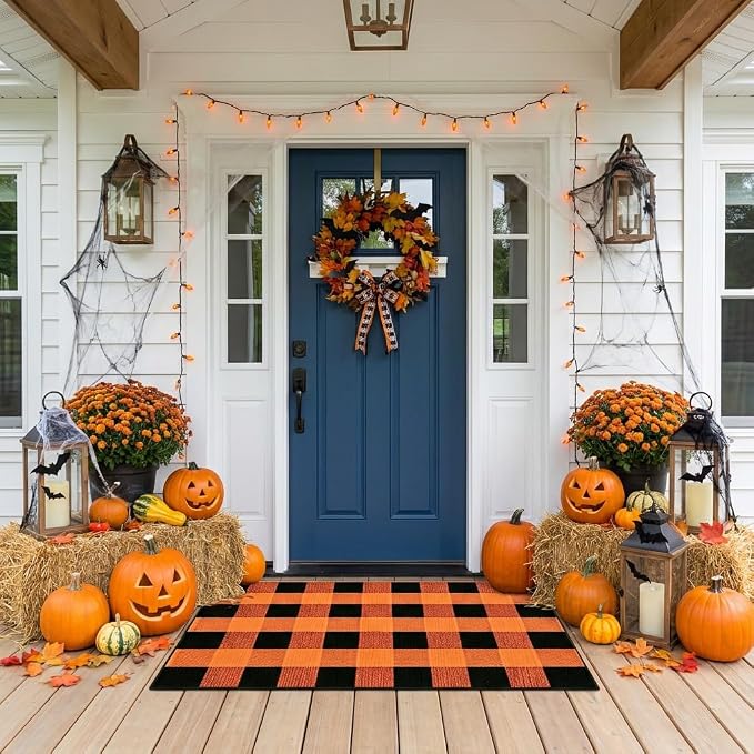 Buffalo Plaid Rug 2'4''x 3'7'' Orange and Black Front Door Mat Reversible Halloween Doormat Layered Porch Rug Washable Hand Woven Cotton Area Rug for Indoor Outdoor Entryway Patio Porch Decor