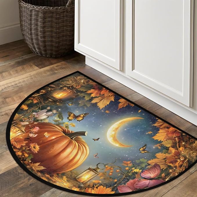 Pumpkin Maple Leaf Butterfly Half Round Door Mat Non-Slip Soft Doormats for Home Indoor Outdoor Entrance Bath Carpet Area Rugs for Home Dining Living Room Bedroom 36" X 24"