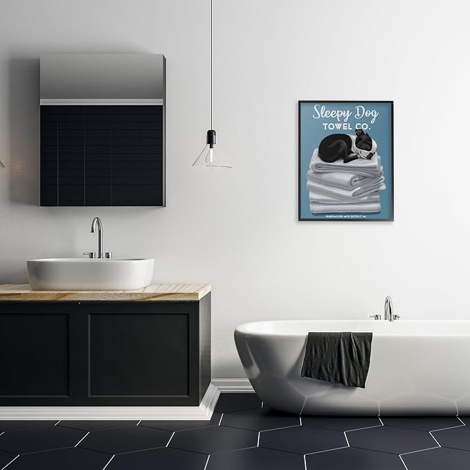 Stupell Industries Sleepy Dog Towel Co. Adorable Boston Terrier Bathroom, Design by Brian Rubenacker Black Framed Wall Art, 24 x 30, Blue
