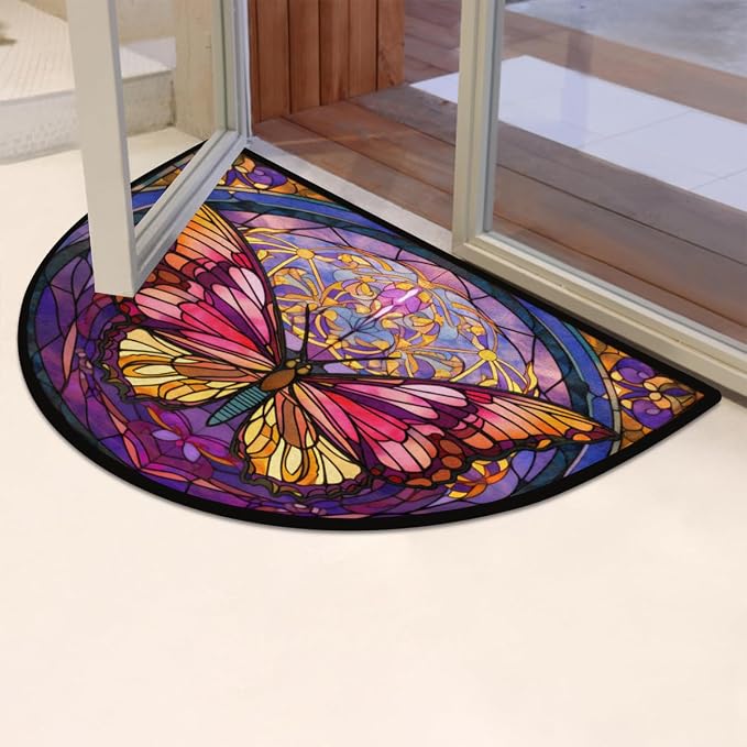 Moroccan Azulejo Butterfly Half Round Door Mat Intdoor Entrance 36x24 Inch, Non-Slip Welcome Mat for Outdoor Semi Circle Bathroom Floor Rugs,House Entry Way Heavy Duty Doormat for Kitchen Living Room
