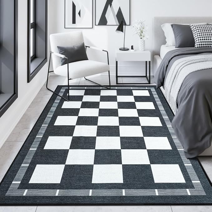 Vasofe 5x7 Jute Checkered Rugs, Washable Outdoor Patio Rug for Living Room | Indoor Carpet, Non-Slip Farmhouse Geometric Non Slip Area Rug for Backyard Dining Room Bedroom Balcony, Black and White