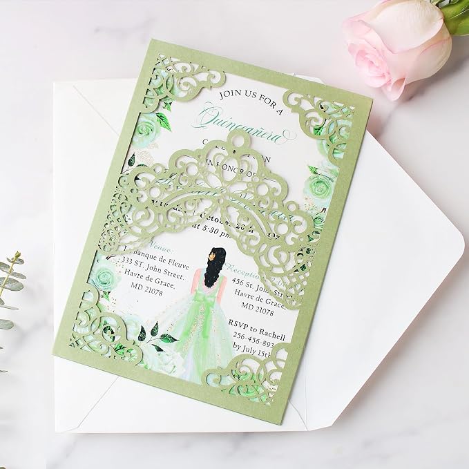 Hosmsua 50PCS Blank Sage Green Quinceanera Invitations with Envelopes, 5.1x7.3 Inch Laser Cut Floral Crown Pocket Invitation Cards for Quinceanera Birthday Quince Anos