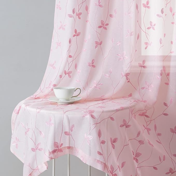 HOMEIDEAS Pink Sheer Curtains 52 X 84 Inches Length 2 Panels Embroidered Vine - Image 7