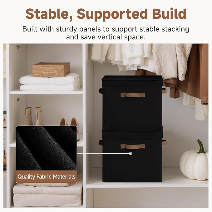 StorageWorks Storage Bins with Lid, Decorative Fabric Storage Bins with Handles, Stackable Closet Organizers for Shelves and Bedroom, Large, Black, 2-Pack