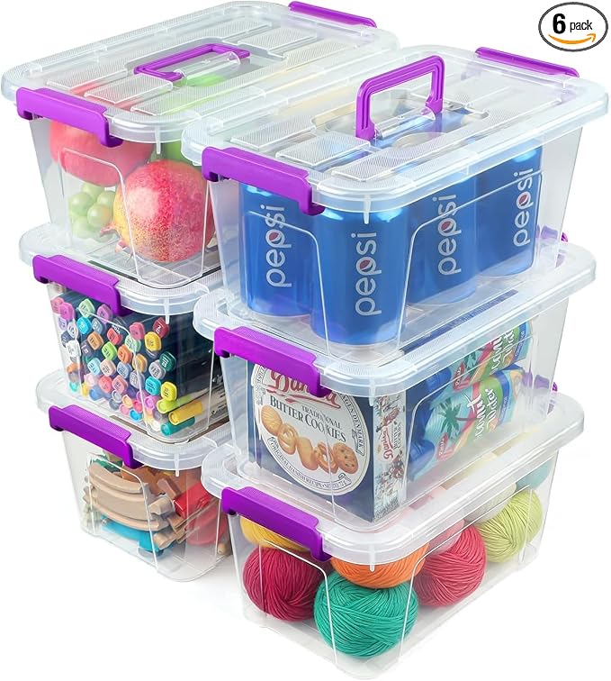 7Qt Clear Storage Bins with Lids,6-Pack Stackable Storage Containers | With Buckle Latches.Perfect for LEGO, Crafts, Office Supplies, and Dorm Room Organization, Clear