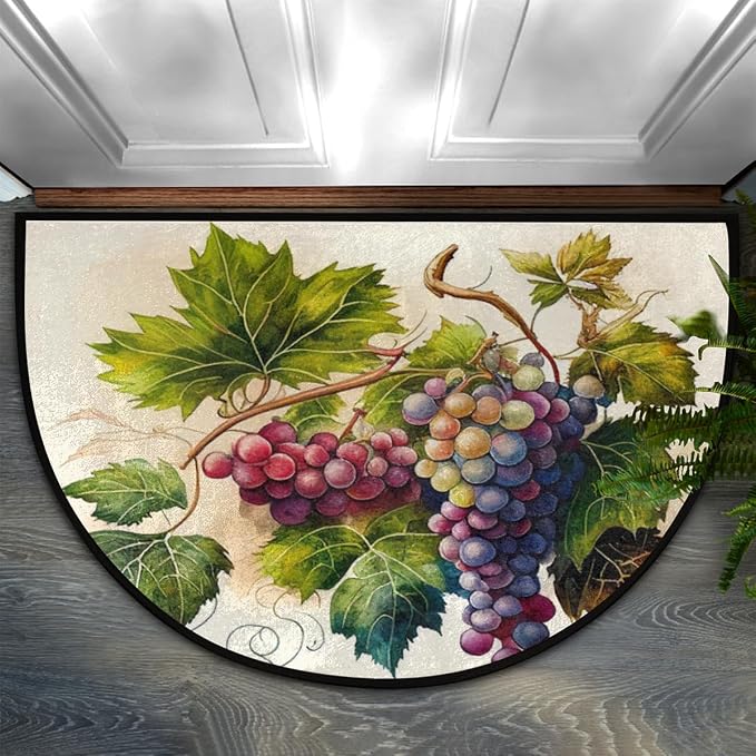 Hand Painting Fruit Grape Half Round Doormat Washable Semi Circle Area Rug Non Slip Absorbent Half Moon Rugs for Indoor Outdoor Kitchen Bathroom Bedroom Living Room Fireplace Floor Carpet Decor