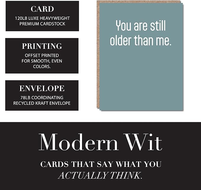 Funny Birthday Card - Husband Wife Greeting Gift Card With Envelope For Men And Women, Blank Inside, Made In USA, 4.25 X 5.5 inches (Still Older Than Me ...)