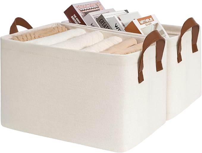 CHICVITA 30L Large Fabric Closet Bins for Shelves, 2Pack, Beige | 16 ¾" L x 11" W x 9 ¾" H Storage Baskets for Clothes & Toys, Bedroom & Living Room Organization, Metal Frame, Collapsible