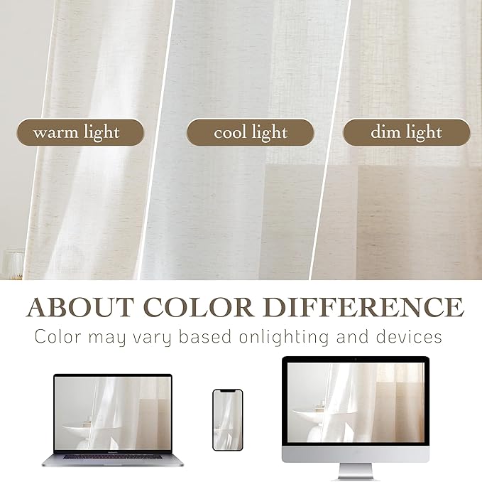 RYB HOME Ivory Sheer Curtains for Living Room, Linen Blend Filter Sunlight - Image 8