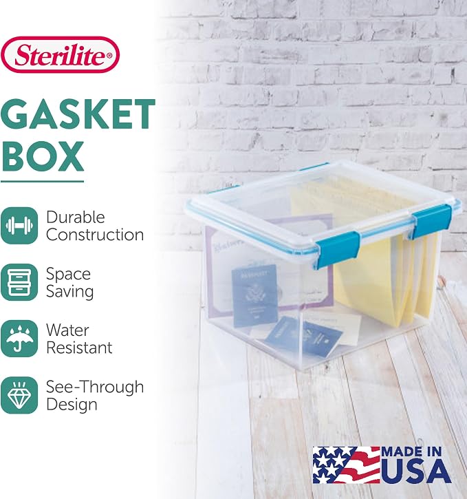 Sterilite Gasket Storage Box with Lids for Home & Office, 32 Quart, 8-Pack | Heavy-Duty, Stackable, and Organizing Containers for Bathroom, Cabinet, Closet, and Garage, Clear and Blue Aquarium Latches