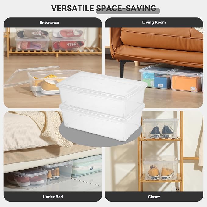 novelinks 12 Pack 6QT Plastic Storage Bins with Lids, Shoe Boxes (Clear) | Clear Shoe Storage Boxes, Shoe Boxes Clear Plastic Stackable, Shoe Bins, Shoe Containers, Craft Organizers and Storage