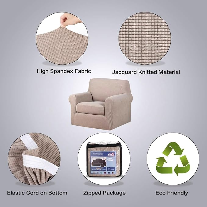 H.VERSAILTEX Small Armchair Cover 2 Piece Chair Covers for Living Room Furniture Cover Suit for T Cushion/Box Cushion, Spandex Jacquard Fabric Small Checks(Armchair-Standard, Sand)