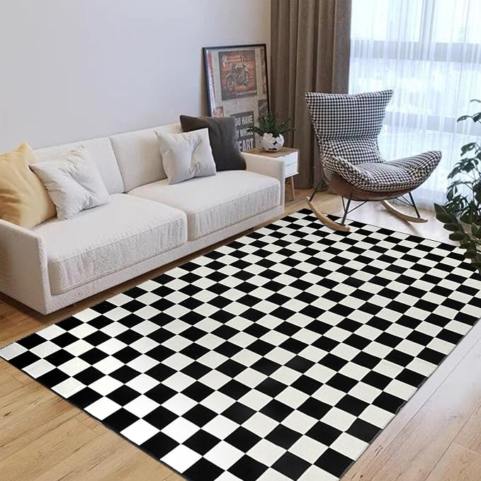 Seavish Checkered Rug, 5x8 Ft Black and White Checkerboard Outdoor Rug | Retro Lightweight Washable Area Rug, Rustic Floor Carpet Decor for Living Room Bedroom Dining Room Patio Porch