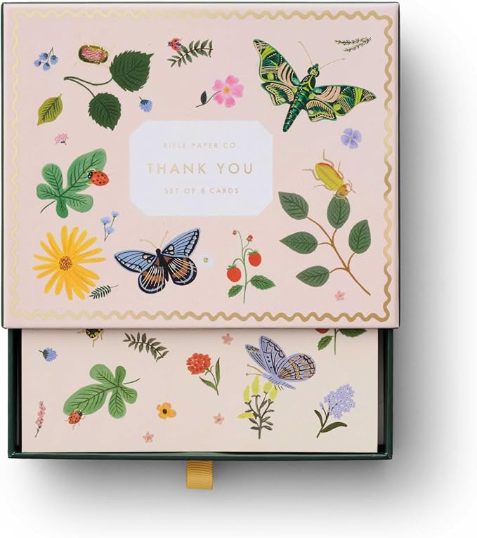 RIFLE PAPER CO. Curio Thank You Keepsake Card Boxed Set of 8, 4.25" L x 5.5" W Blank Interior Lets Your Thoughtful Handwritten Note Take Center Stage, Crafted in the USA