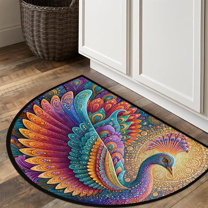 Peacock Half Round Door Mat Semi Circle Rug Half Moon Doormat | Soft Washable Mandala Decorative Welcome Entrance Mat for Outdoor Indoor Floor Bedroom Bathroom Home Kitchen Festival Decor