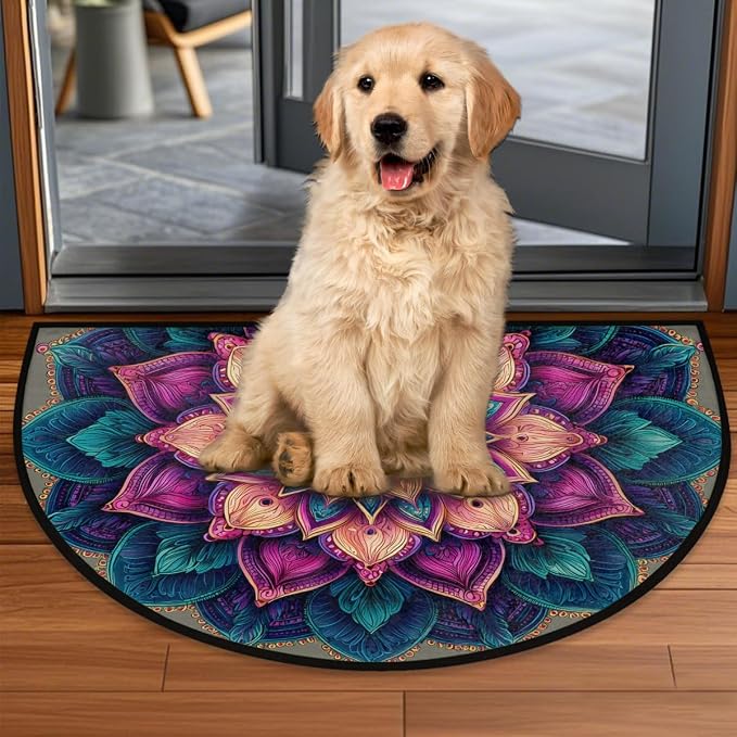 Mandala Retro Half Round Door Mat Semi Moon Rug Fireplace Carpet Area Rugs | Mandala Retro Non Slip Absorbent Half Circle Mat Carpet for Indoor Outdoor Patio Kitchen Bathroom Entryway Home Decor