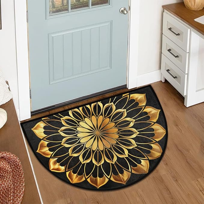 Gold Mandala Half Round Door Mat Non Slip Half Circle Rugs | Ethnic Flower Washable Half Moon Rug Semi Circle Rugs Indoor Entrance Floor Carpet for Kithen Bedroom Fireplace Decor