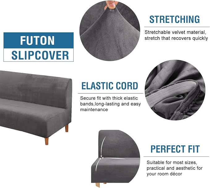 H.VERSAILTEX Real Velvet Futon Cover Armless Sofa Covers Sofa Bed Covers Stretch Futon Couch Cover Sofa Slipcover Furniture Protector Thick Soft Velvet Fabric Form Fitted Stay in Place, Grey