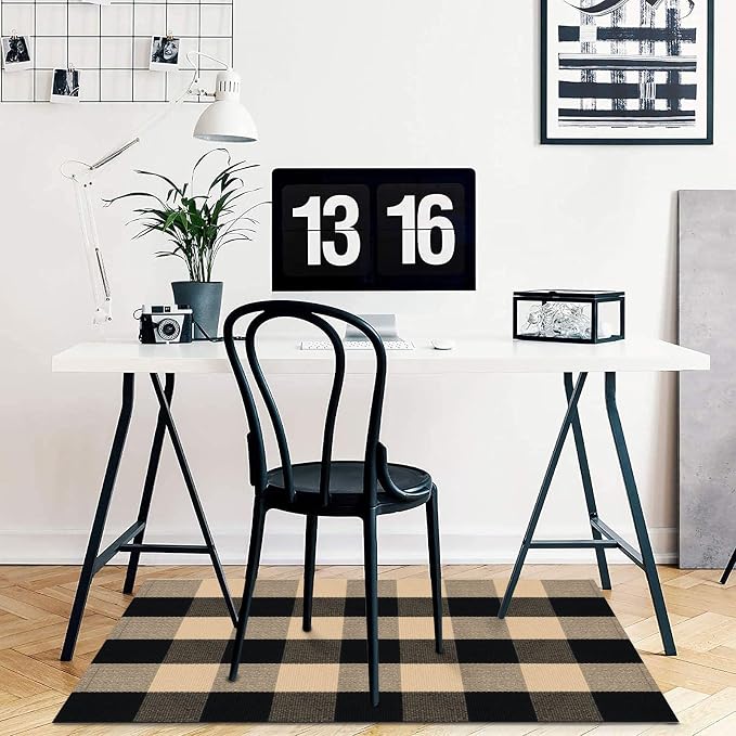 KOZYFLY Buffalo Plaid Area Rugs 2x3 Ft Brown and Black Checkered Rugs Washable Front Door Mat Hand Woven Cotton Outdoor Small Rug for Front Porch Kitchen Entryway Patio Bathroom