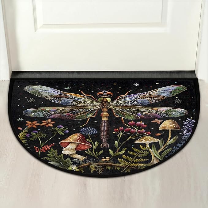 Dragonfly Half Round Doormat Non-Slip Semi Circle Rug Half Moon Mat | Mushroom Leaf Flower Washable Soft Absorbent Indoor Outdoor Entrance Kitchen Bathroom Sink Patio Welcome Fireplace Floor Rug