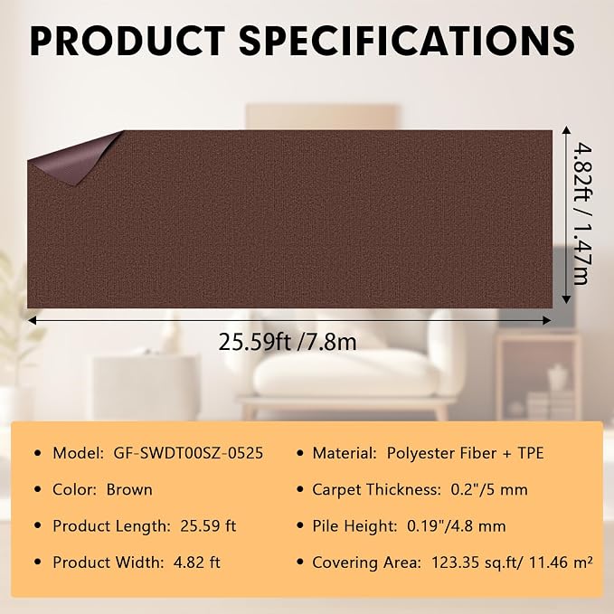 Grefinity Marine Carpet,5 FT x 25 FT Brown Indoor Outdoor Carpet 0.2" Thick Boat Rug with Water-Proof TPE Backing for Home, Patio, Porch, Deck