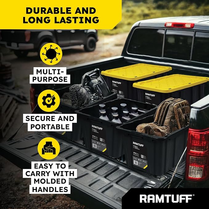 Ramtuff STRONG BOX Black & Yellow, 27-Gallon Heavy Duty Tough Storage Container & Snap-Tight Lid, (15.2" x 19.6" x 28.5" Weather-Resistant Design Stackable Organization Tote (2 Pack)