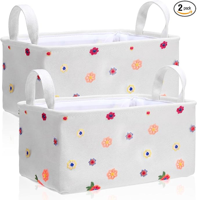 2 Pcs White Flora Storage Baskets for Shelves 14x10 in Flower Foldable Lace Mesh Storage Bin with Handle Decorative Closet Organizer for Home Decor Office Laundry Countertop Tabletop Car