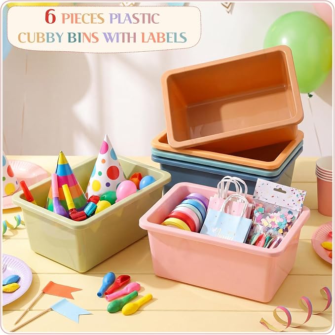Thyle 6 Pieces Plastic Cubby Bins with Labels Classroom Book Bins Stackable Storage Container Durable Toy Storage Organizer Baskets for School Classroom Office (Classic,Morandi Color1)