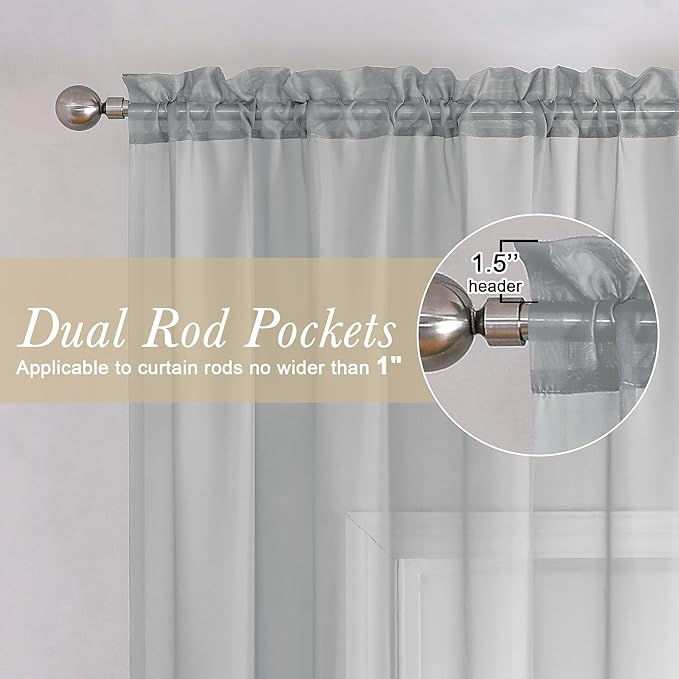 Lecloud Light Grey Sheer Curtains 63 Inch Length 2 Panels, Light Filtering - Image 2