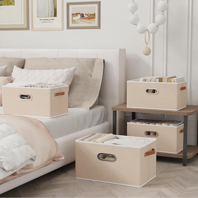 Yawinhe Foldable Storage Baskets for Shelves,16.9x11.8x10.2in,Beige,4-Pack | Collapsible Storage Bins for Towels, Container with Leather Handle for Organization, Fabric Rectangle Boxes for Home