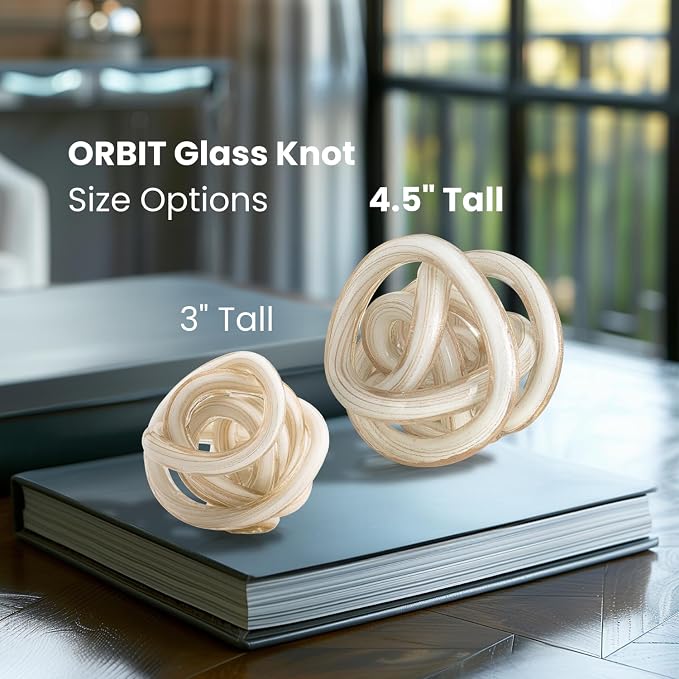 Torre & Tagus Orbit Hand Blown Glass Infinity Knot Sculpture - 4.5 Inch Glass Art White & Gold Knot Decor Ball for Home Decor, Small Centerpiece Table Decoration for Home Interior (White Gold Flakes)
