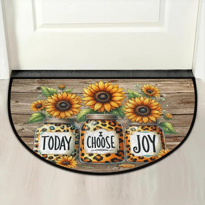 Sunflower Half Round Doormat Semi Circle Rug Half Moon Rug Entryway Mat | Wood Sunflower Washable Non Slip Outdoor Floor Rug Kitchen Mat for Indoor Outdoor Bathroom Fireplace Bath