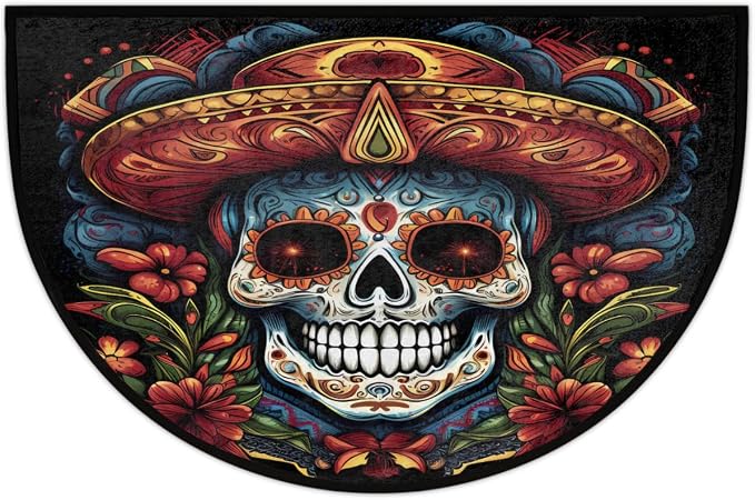 Skull Half Round Doormat Washable Semi Circle Rug Kitchen Outdoor Rugs | Sugar Skull Half Moon Rugs Non Slip Absorbent Entrance Floor Mat for Indoor Outdoor Bathroom Bedroom Fireplace Carpet Decor