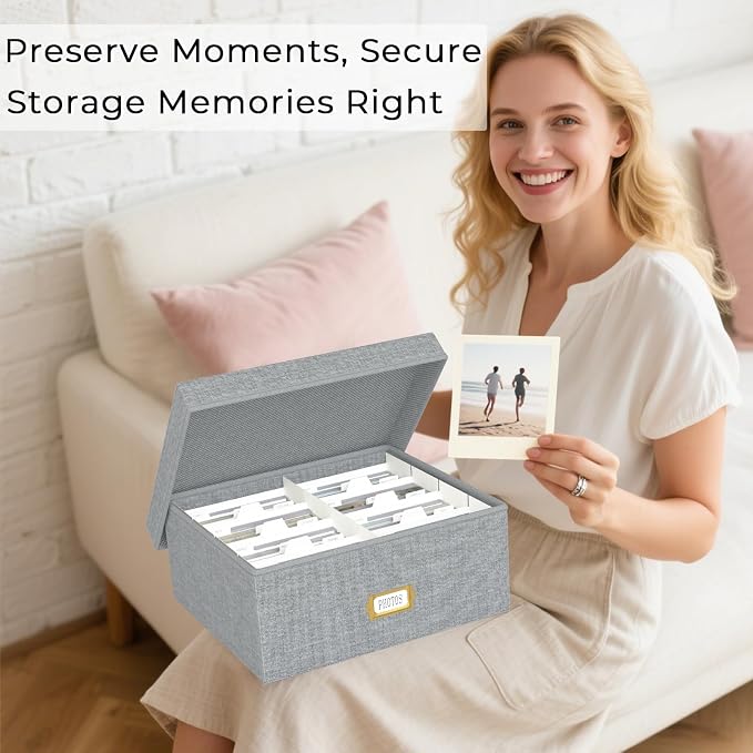 Decorative Photo Storage Box, Linen Photo Box Holds 1700 4x6 Pictures Grey | Photo Storage Containers with 8 Dividers, Memory Keepsake Organizer for Photos, Scrapbook Supplies, Cards, Stamps,Archive Box