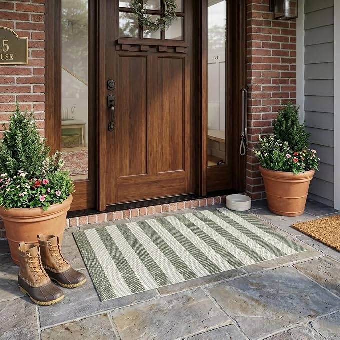 LEEVAN Outdoor Patio Rug 3x5, Washable Striped Front Porch Mat, Spring Colorful Outside Entryway Rug, Woven Welcome Doormat Green and White Buffalo Backyard Layered Mat for Entrance/Go Away/Deck