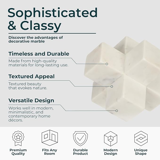 Geometric Cube Decorative Object – Marble Sculpture Modern Home Decor Ornament – Shelf Styling & Coffee Table Decor for Bathroom, Office & Living Room – 6.5", White