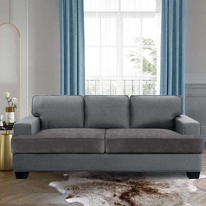 H.VERSAILTEX Stretch Velvet 2 Piece T Cushion Sofa Slipcovers - Individually Fitting Cushion Covers for 2 Cushion Couch - Stay in Place (Grey)