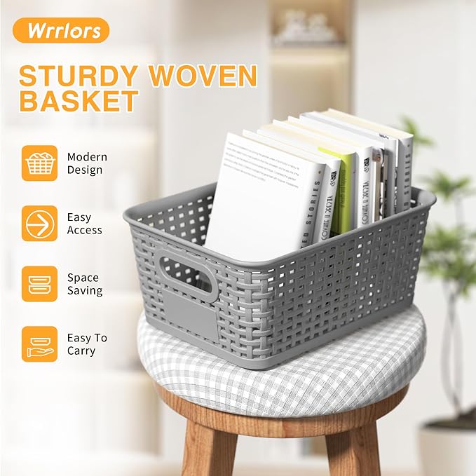 8 Pack Plastic Storage Baskets,Gray Stackable Storage Bins | 5.3qt Storage Containers with Labels for Organizing Shelves Drawers Desktop Closet Playroom Classroom Office