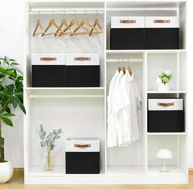 FinishingBo 13 inch Storage Bins with Labels 6 Pack | PU Leather Handles, Foldable Storage Cubes, Storage Baskets, Closet Storage, White/Black