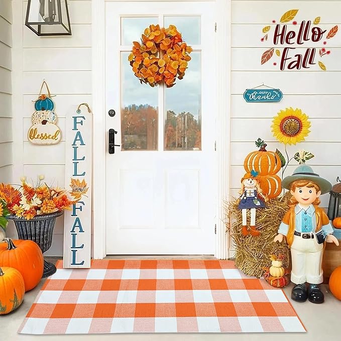 USTIDE Cotton Buffalo Plaid Rug Orange White Check Rugs 2'x4'3" Hand-Woven Indoor or Outdoor Rugs for Layered Door Mats Washable Carpet for Front Porch/Kitchen/Farmhouse/Entryway