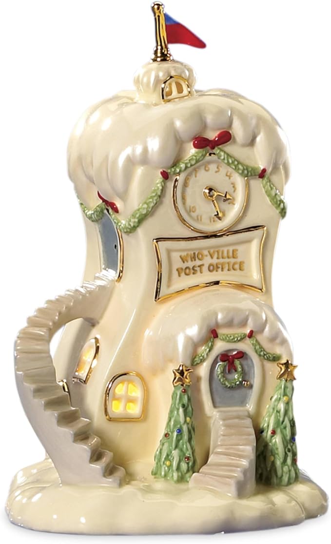 Lenox Dr. Seuss Who-Ville Post Office Christmas Figurine | porcelain with 24k gold accents | 7 x 4.5 x 4.75 inch size | collectible gift for grinch fans | 7 inch