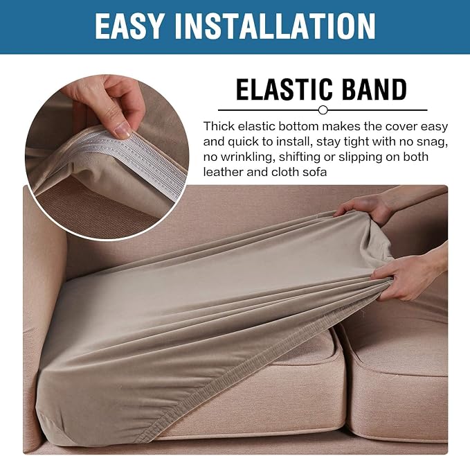 H.VERSAILTEX Velvet Stretch Couch Cushion Cover Plush Cushion Slipcover for Chair Loveseat Sofa Cushion Furniture Protector Seat Cushion Sofa Cover (2 Piece Medium Sofa Cushion Covers, Taupe)
