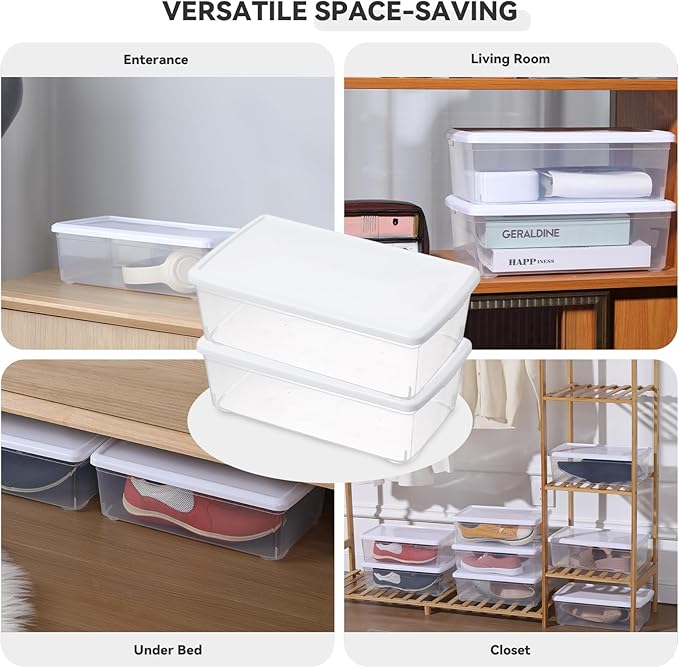 novelinks 8 Pack 6 Quart Clear Plastic Shoe Storage Bins with Lids (White) | Shoe Boxes Clear Plastic Stackable, Clear Shoe Storage Boxes, Shoe Containers, Shoe Bins, Craft Organizers and Storage