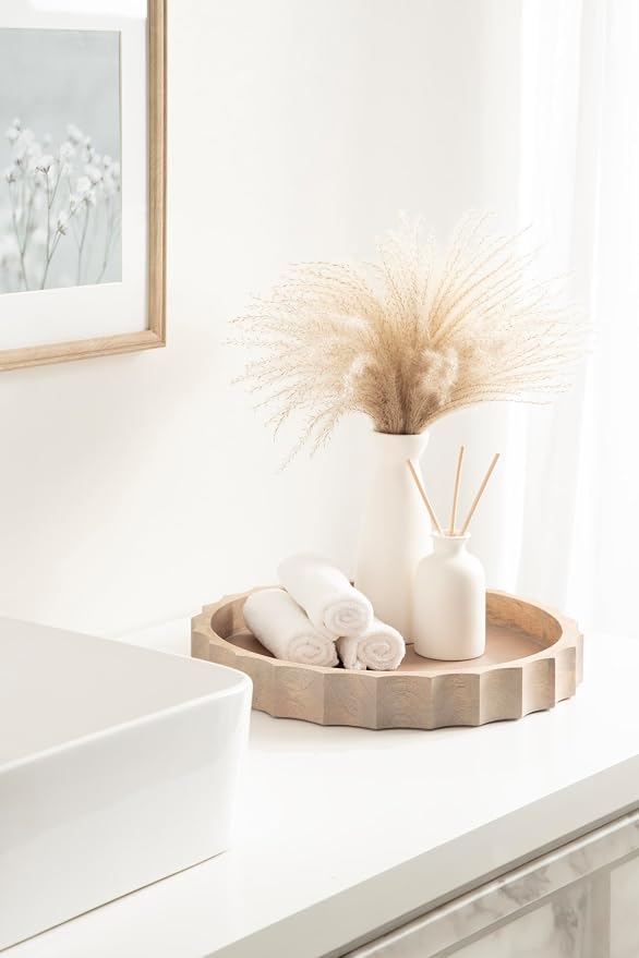 Kate and Laurel Lissi Decorative Round Tray with Wavy Design; 15 Inch Diameter; Natural Wood; Modern Scalloped Circle Serving Tray for Coffee Table Ottoman; Dining Table; or Entryway Tray