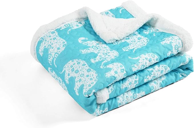 Lush Decor Elephant Parade Sherpa Throw Blanket 50" W x 60" L, Aqua - Elephant Blanket for Kids - Plush Throw Blankets for Bed - Blue Couch Blankets