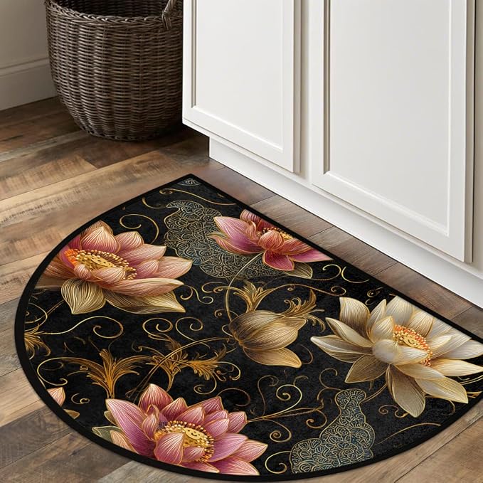Lotus Half Round Doormat Semi Circle Rug Half Moon Rug Entryway Mat | Floral Flower Washable Non Slip Outdoor Floor Rug Kitchen Mat for Indoor Outdoor Bathroom Fireplace Bath