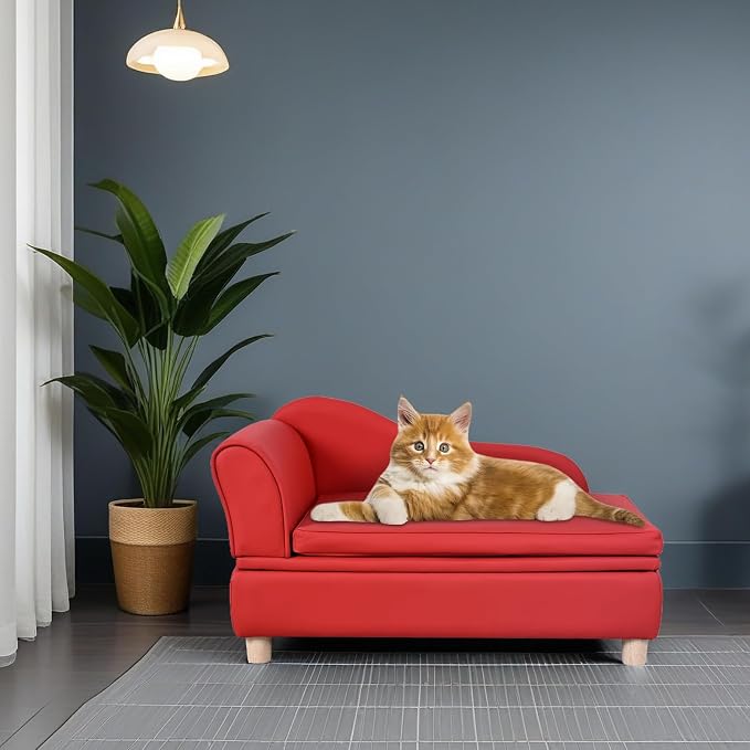 PU Leather Dog Sofa and Chair with Storage - Wooden Frame Cat Sofa Couch with Cushion,Small Pet Bed Sofa for Puppy and Cats (Red)