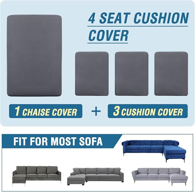 H.VERSAILTEX Sectional Couch Covers 4 Pieces Sofa Seat Cushion Covers L Shape Separate Cushion Couch Chaise Cover for Both Left/Right Sectional Couch (Seat Only: 1 Chaise + 3 Sofa, Grey)