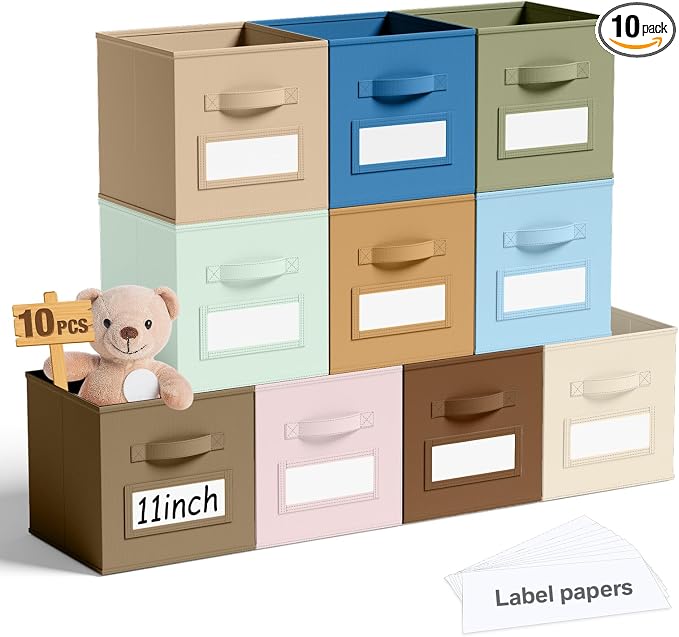 Teenyyou 10 Pack Fabric Storage Cubes 11 Inch Collapsible Cube Bins with Label Window & Handle Foldable Organizers Baskets for Shelf Closet Nursery Kids Room Clothes Book Toy(Boho)